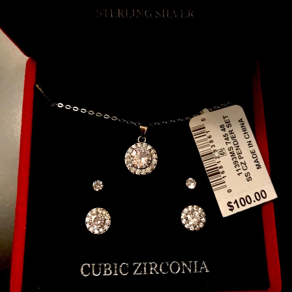 Sterling Silver Cubic Zirconia Earring & Necklace Set in Box